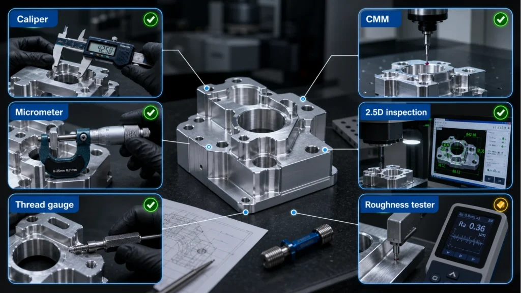 Illustrative CNC inspection planning diagram showing common measurement tools and inspection methods