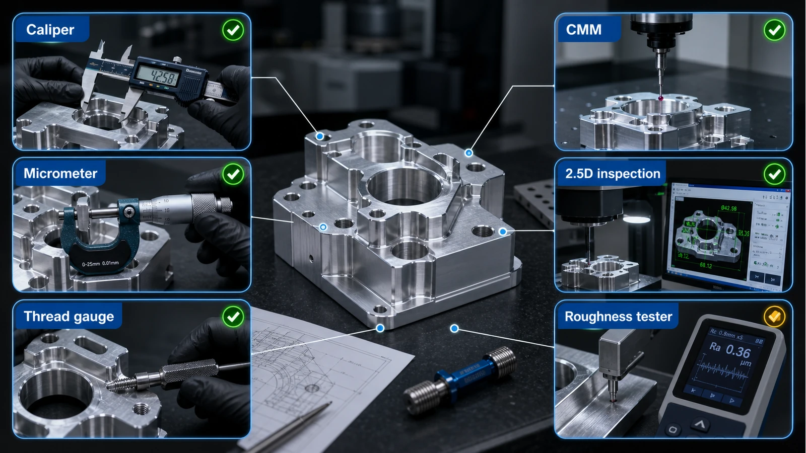 CNC machined parts inspection process CNC machined parts inspection process diagram with caliper, micrometer, thread gauge, CMM, 2.5D inspection and roughness tester use cases