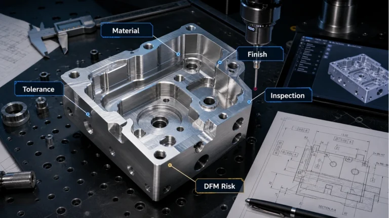 Premium CNC machined aluminum component with procurement review callouts for material, tolerance, surface finish, inspection and DFM risk