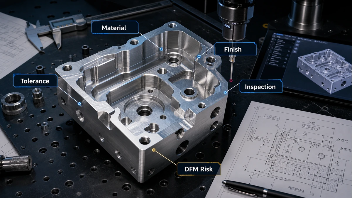 CNC machined parts procurement checklist Premium CNC machined aluminum component with procurement review callouts for material, tolerance, surface finish, inspection and DFM risk