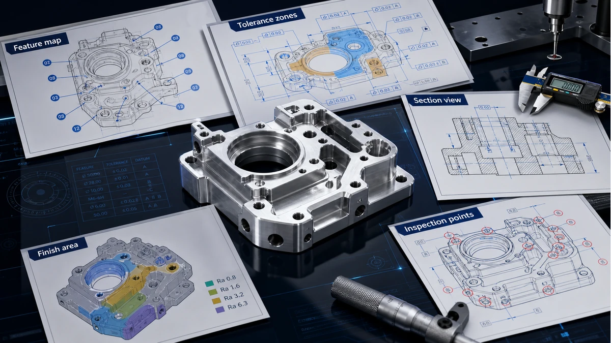 CNC machining diagrams for procurement engineers Premium engineering board showing CNC part diagrams, exploded callouts, tolerance zones, cross-section line, surface finish area and inspection icons