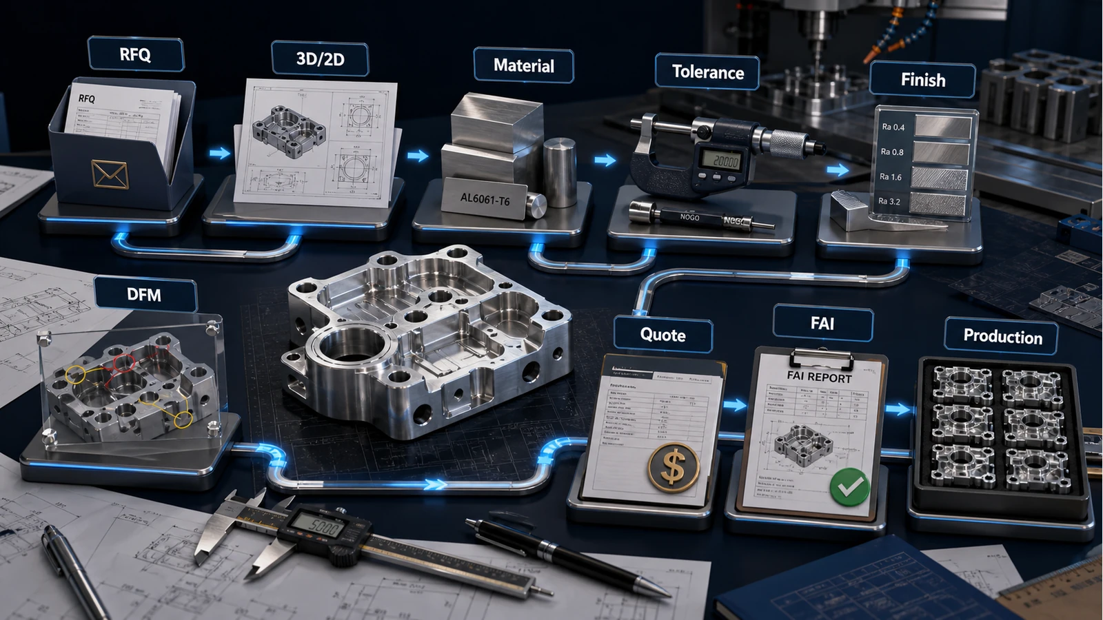 CNC machining RFQ review workflow Professional CNC machining RFQ workflow from file review through material, tolerance, finish, DFM, quotation, first article inspection and production