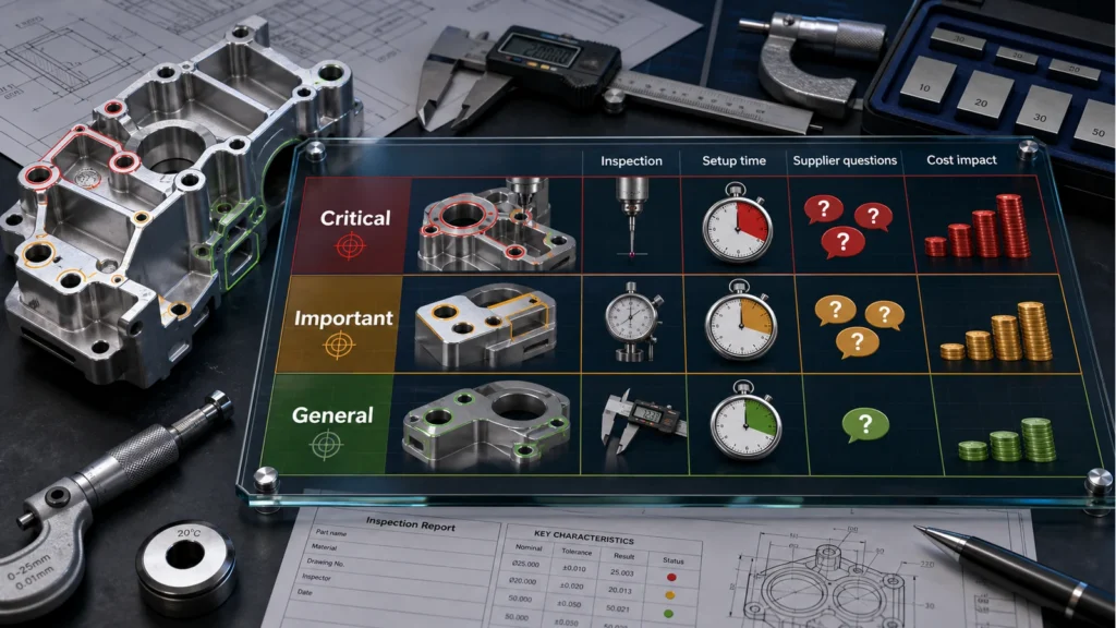 CNC tolerance cost risk matrix CNC tolerance cost and risk matrix showing critical, important and general tolerance levels with inspection focus, setup time, supplier questions and cost impact