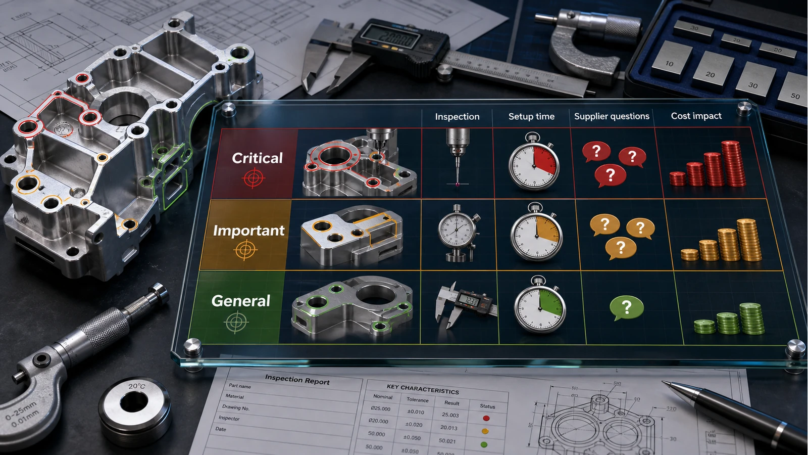 CNC tolerance cost risk matrix CNC tolerance cost and risk matrix showing critical, important and general tolerance levels with inspection focus, setup time, supplier questions and cost impact