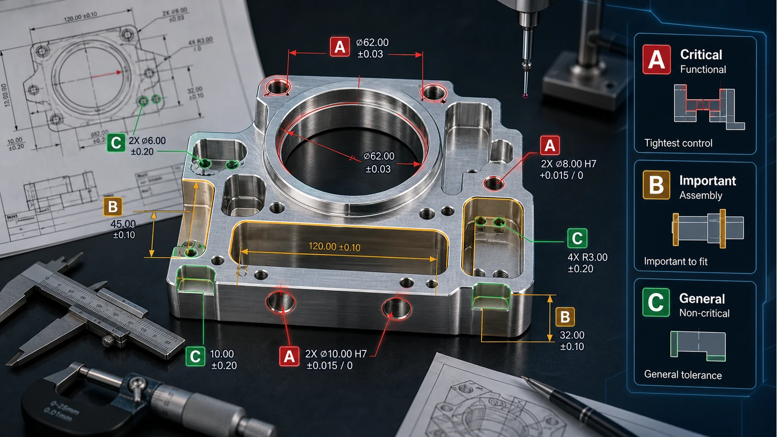 CNC tolerance priority diagram CNC tolerance priority diagram with A critical functional dimensions, B important assembly dimensions and C general non-critical dimensions