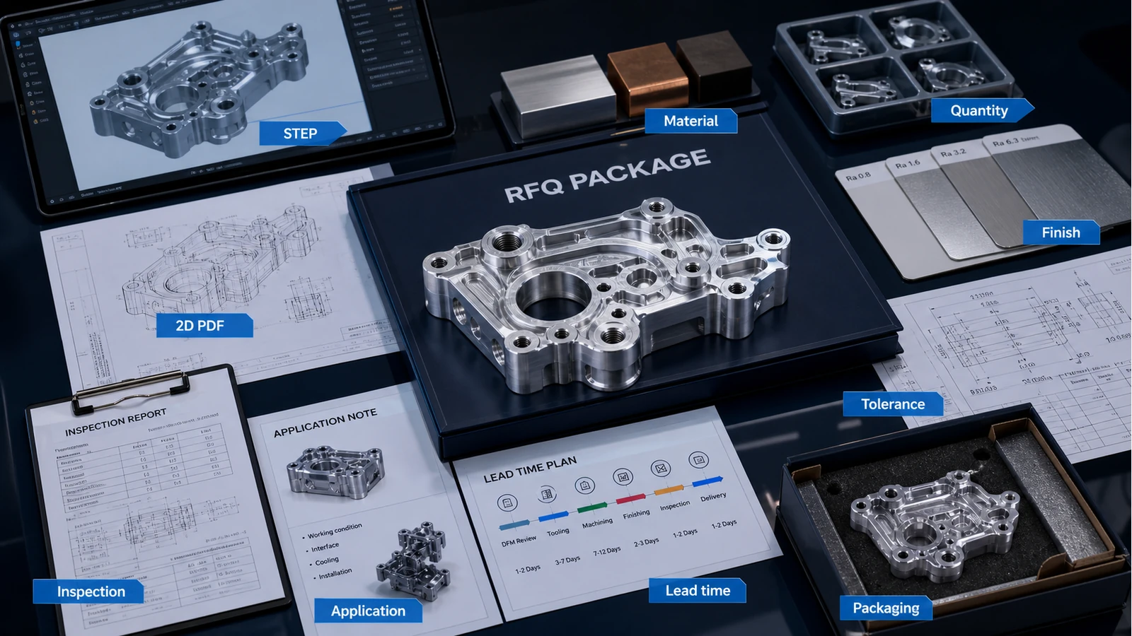 Complete CNC machining RFQ package diagram Complete CNC machining RFQ package diagram showing STEP file, 2D PDF drawing, material, quantity, finish, tolerance, inspection, application, lead time and packaging