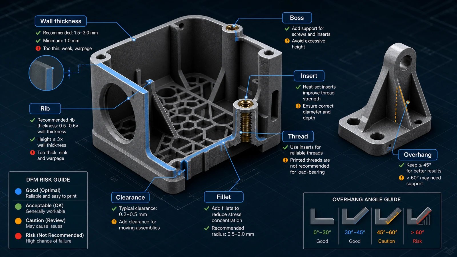 3D printing DFM diagram showing wall thickness, ribs, bosses, inserts, threads and overhang manufacturability risks in functional parts