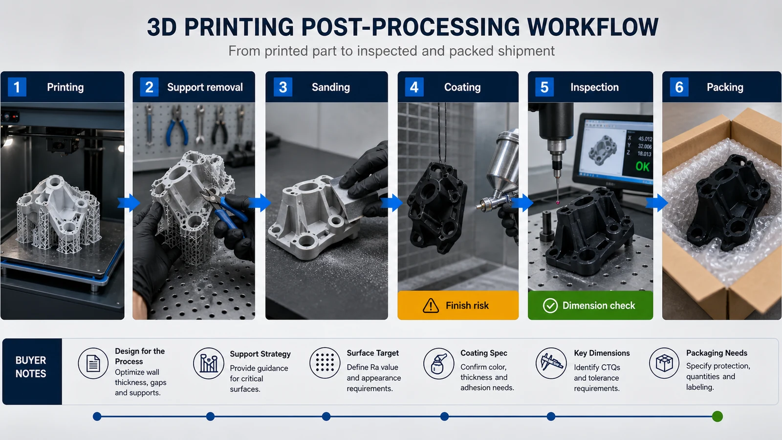 3D Printed Parts Post Processing and Inspection Workflow Workflow diagram for 3D printed parts showing printing, support removal, sanding, coating, inspection and packing steps