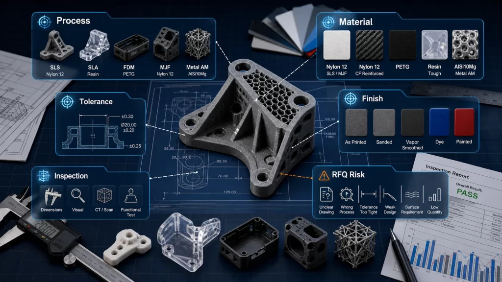 Engineering review board for custom 3D printed parts showing process material tolerance finish inspection and RFQ risk areas