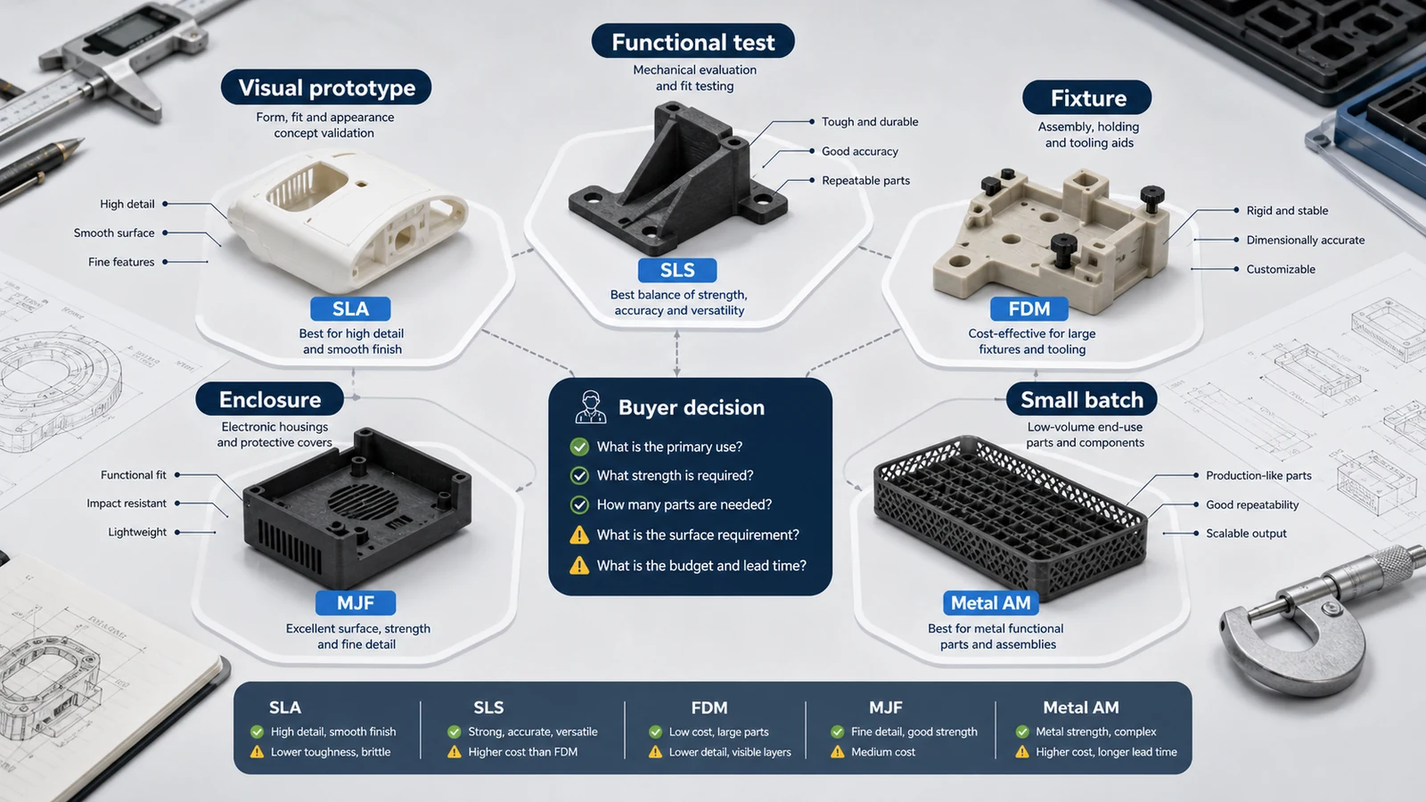 Application map showing visual prototypes, functional tests, fixtures, enclosures and small batch 3D printed parts
