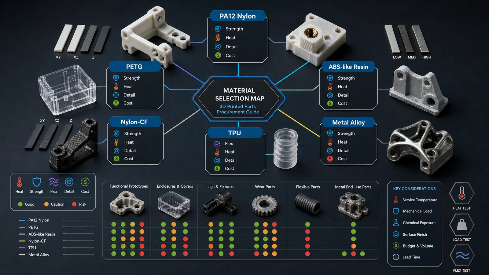 3D Printing Material Selection Map Material selection map for 3D printed parts covering nylon, PETG, resin, TPU and metal options for engineering applications
