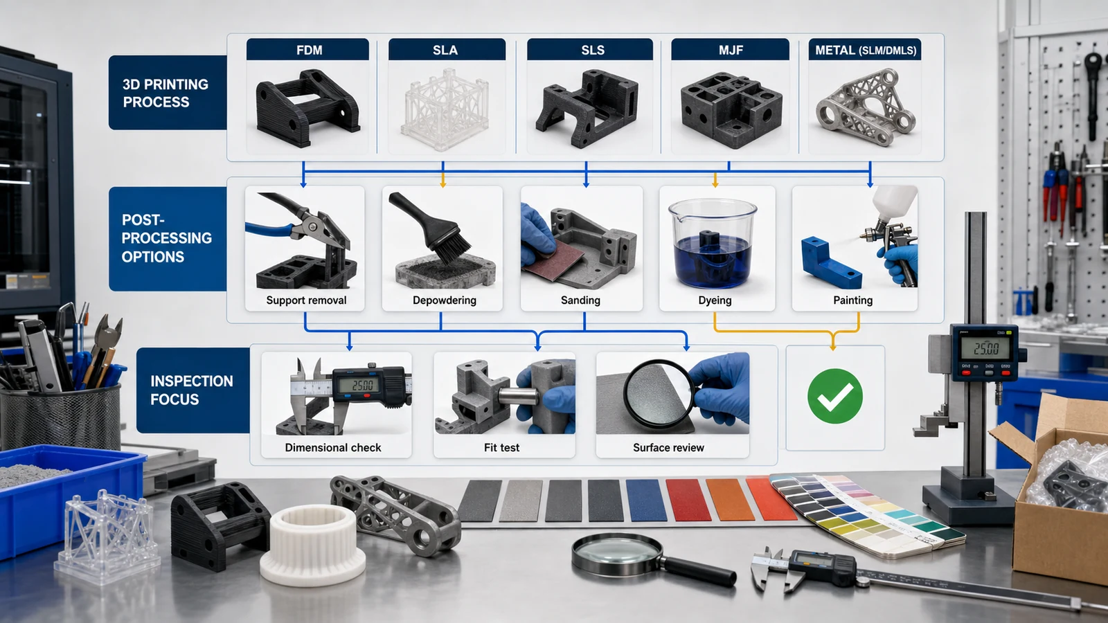 Post-processing and inspection diagram for 3D printed prototypes showing support removal, sanding, coating and dimensional checks