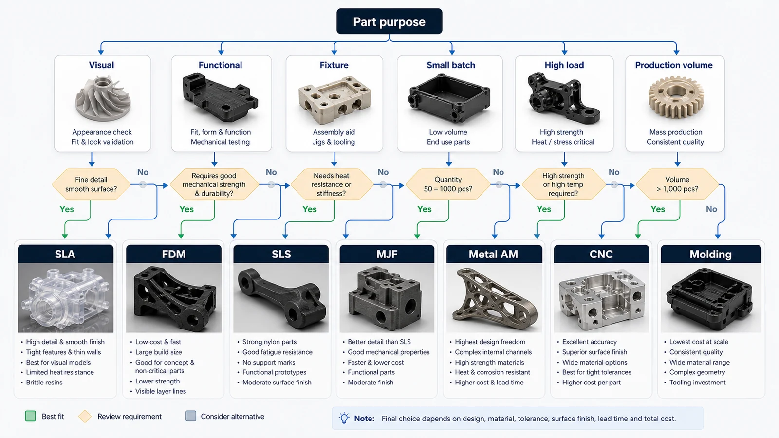 Decision tree for selecting a 3D printing process based on visual, functional, fixture, small batch and metal prototype needs
