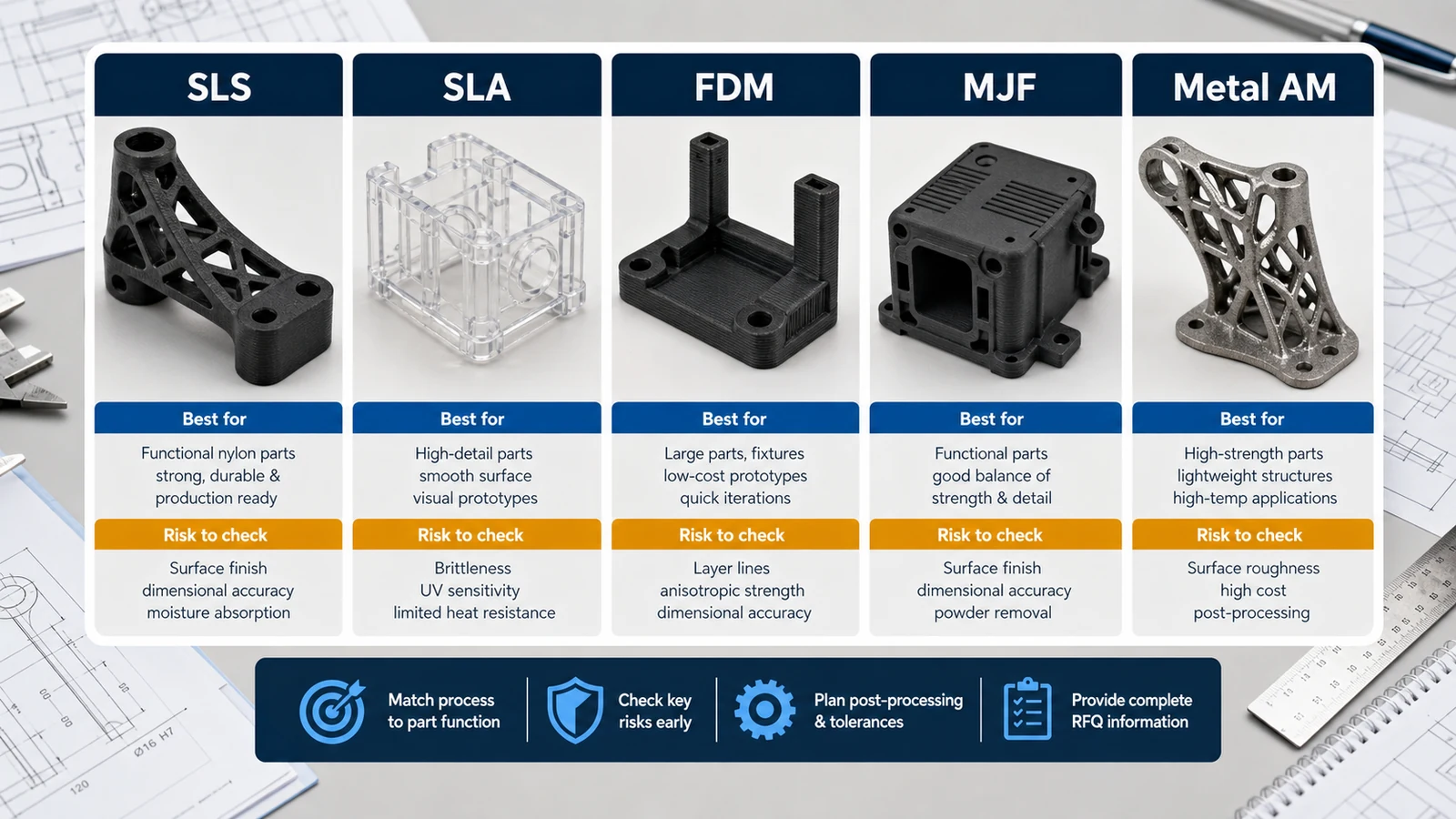 3D Printing Process Selection Comparison 3D printing process comparison diagram for SLS, SLA, FDM, MJF and metal additive manufacturing prototype tolerance and material decisions
