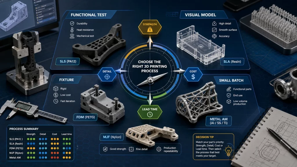 Decision board for selecting SLS SLA FDM MJF or metal 3D printing for functional prototypes and low volume parts