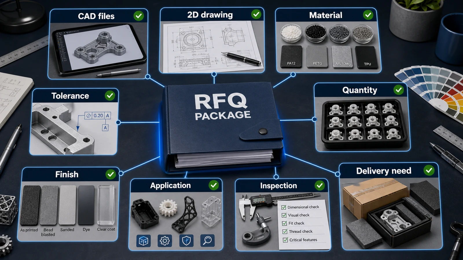 3D Printing RFQ Checklist for Procurement Engineers RFQ checklist infographic for 3D printed parts with CAD files, drawings, material, tolerance, finish, quantity and inspection needs