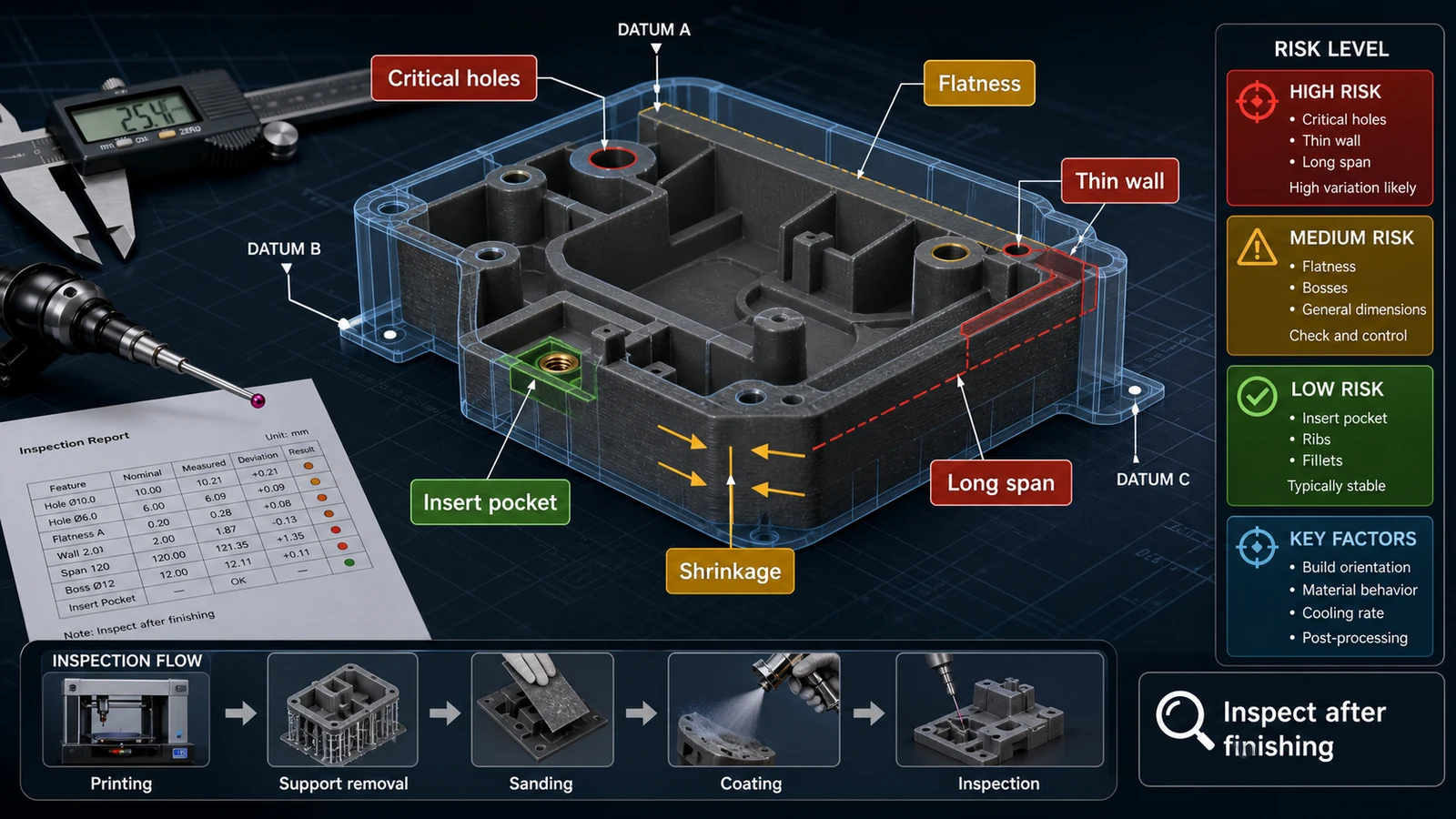 3D Printing Tolerance and Shrinkage Risk Diagram Technical diagram showing tolerance zones, shrinkage risk, thin walls, insert pockets and inspection points for 3D printed parts