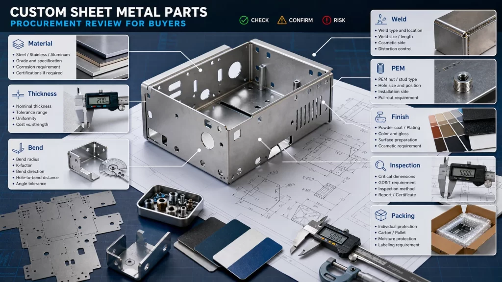 Procurement review board for custom sheet metal parts showing material thickness bend weld hardware finish and inspection checks