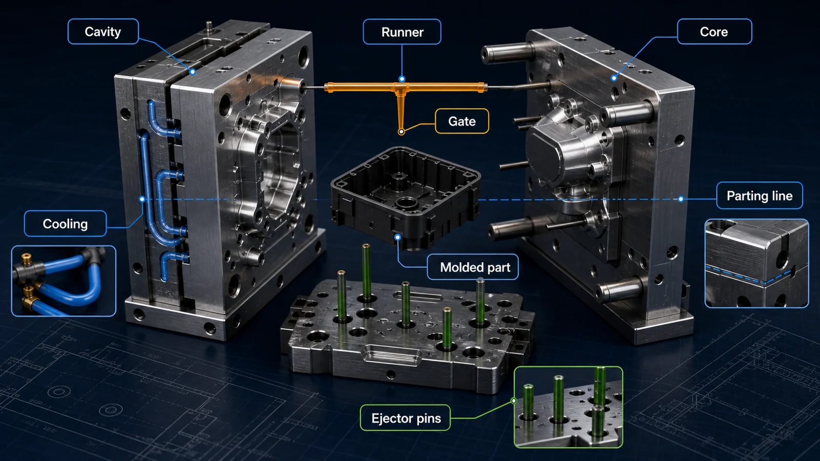 Injection Mold Tooling and Part Relationship Diagram Injection molding process diagram showing cavity, core, runner, gate, ejector pins, cooling and molded plastic part relationship