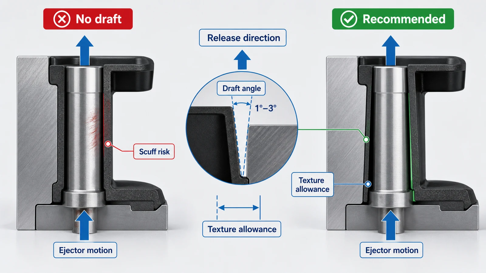 Injection molding DFM diagram comparing no draft and recommended draft for molded plastic part release direction and ejector motion