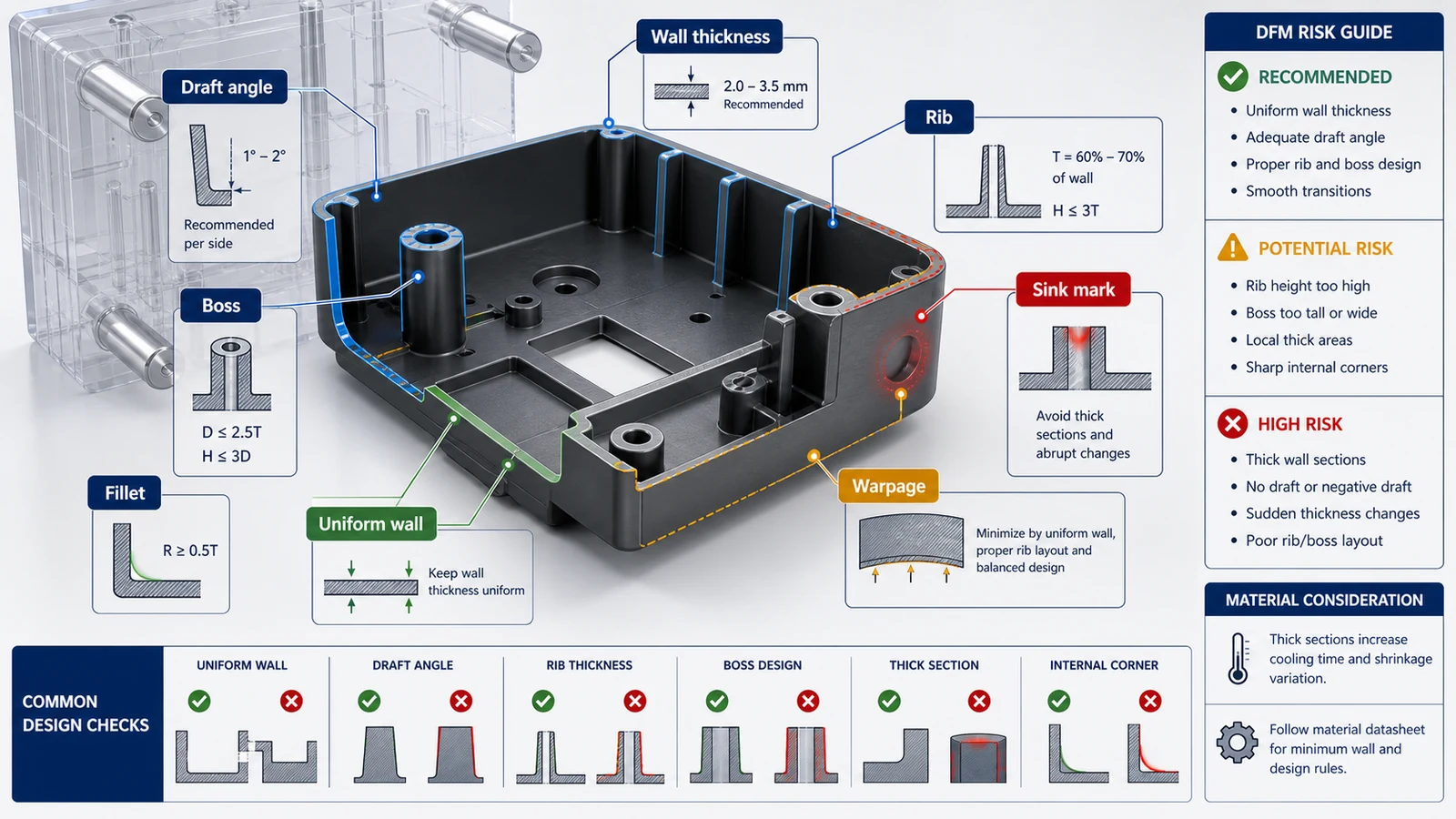 Injection Molding Draft Wall and Rib Design Diagram DFM diagram for injection molded plastic parts showing draft angle, wall thickness, ribs, bosses, sink marks and uniform wall design