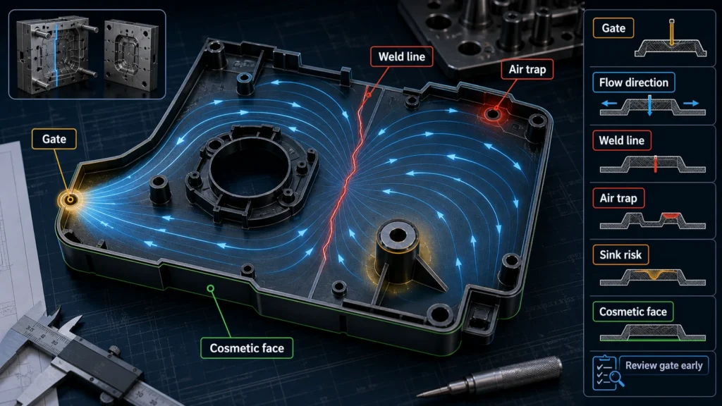 Technical diagram showing injection molding gate location, flow direction, weld line, air trap, sink risk and cosmetic face planning