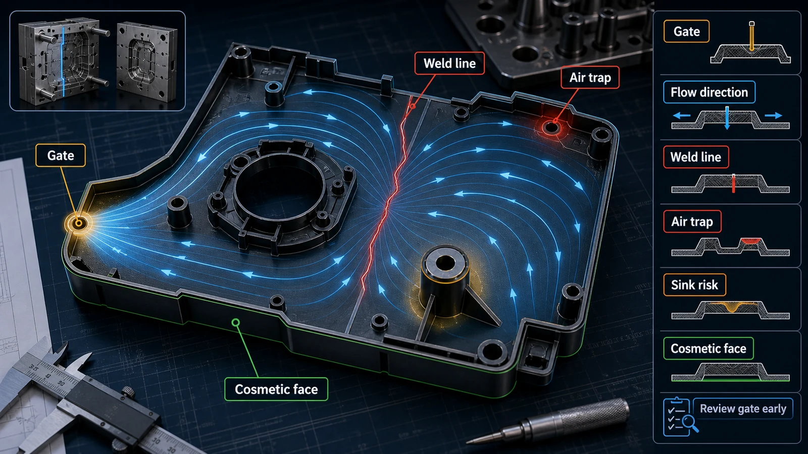 Technical diagram showing injection molding gate location, flow direction, weld line, air trap, sink risk and cosmetic face planning