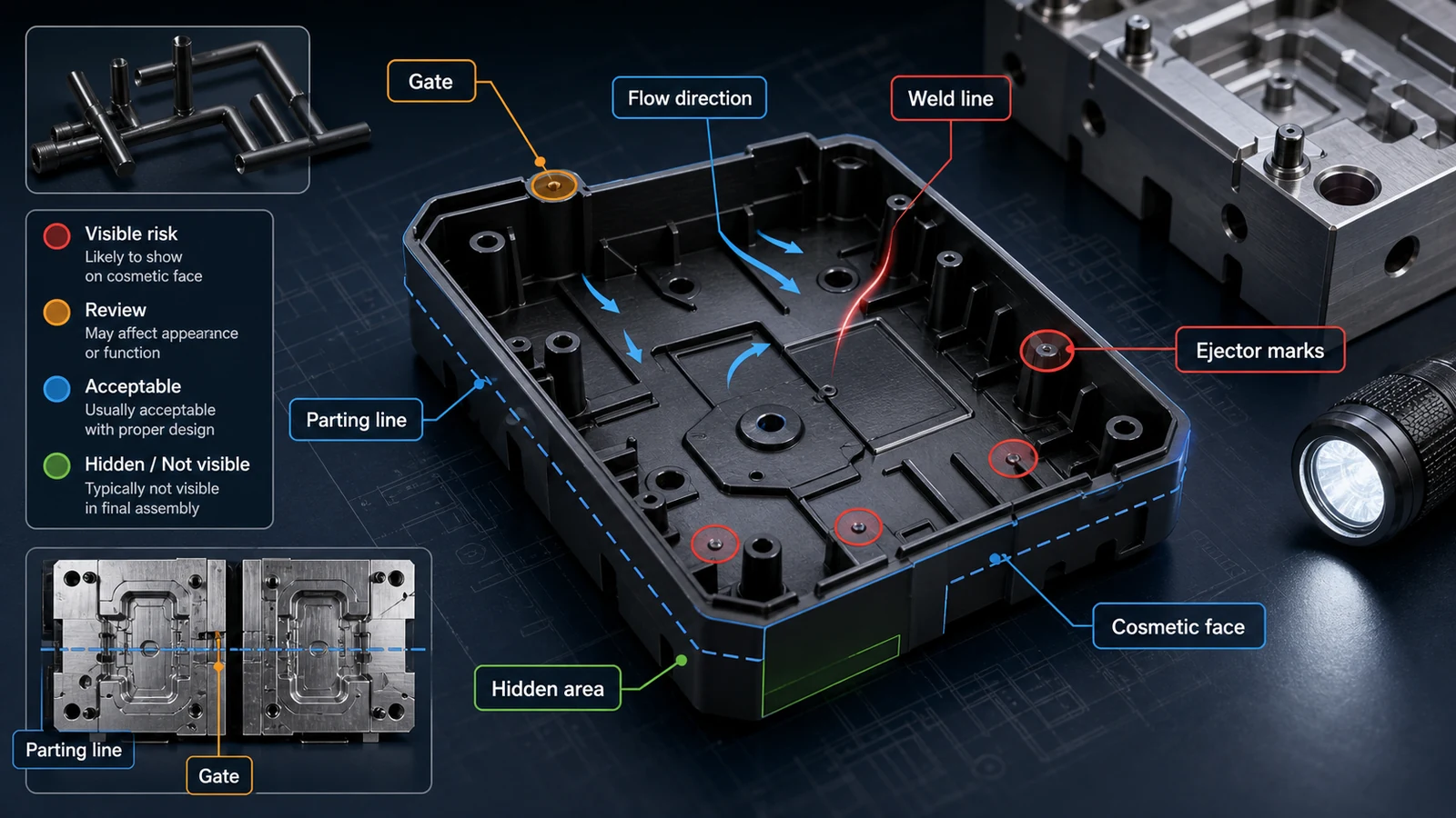 Injection Molding Gate Parting Line and Ejector Mark Diagram Technical diagram showing injection molding gate location, flow direction, parting line, ejector marks, weld line and cosmetic face