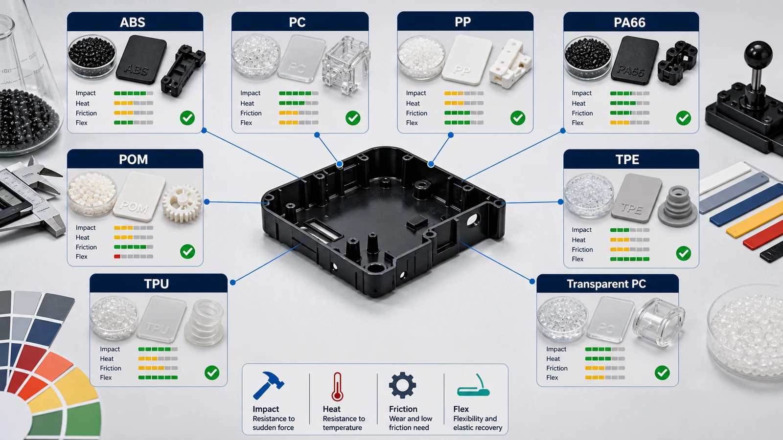 Injection Molding Plastic Material Selection Map Plastic material selection map for injection molding showing ABS, PC, PP, PA66, POM, TPE, TPU and transparent PC options