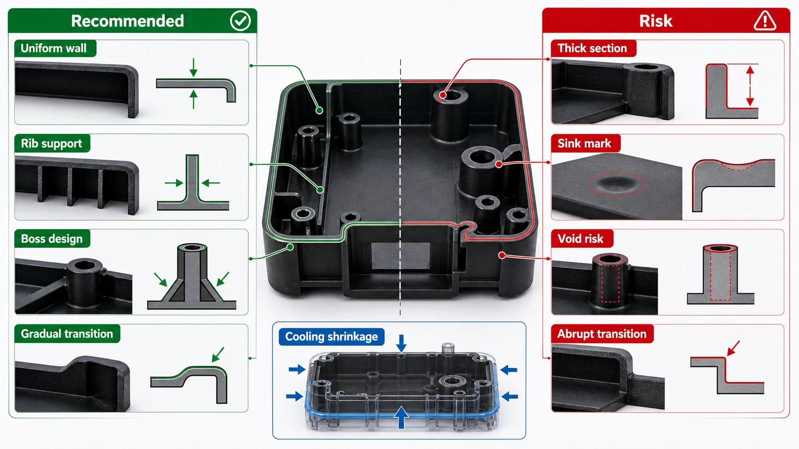 Good versus risk diagram for injection molding wall thickness, ribs, bosses, gradual transitions, sink marks and cooling strategy
