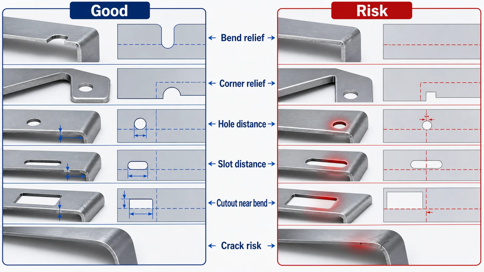 Good versus risk diagram for sheet metal bend relief, corner relief, hole distance, slot distance and cutout placement near bends