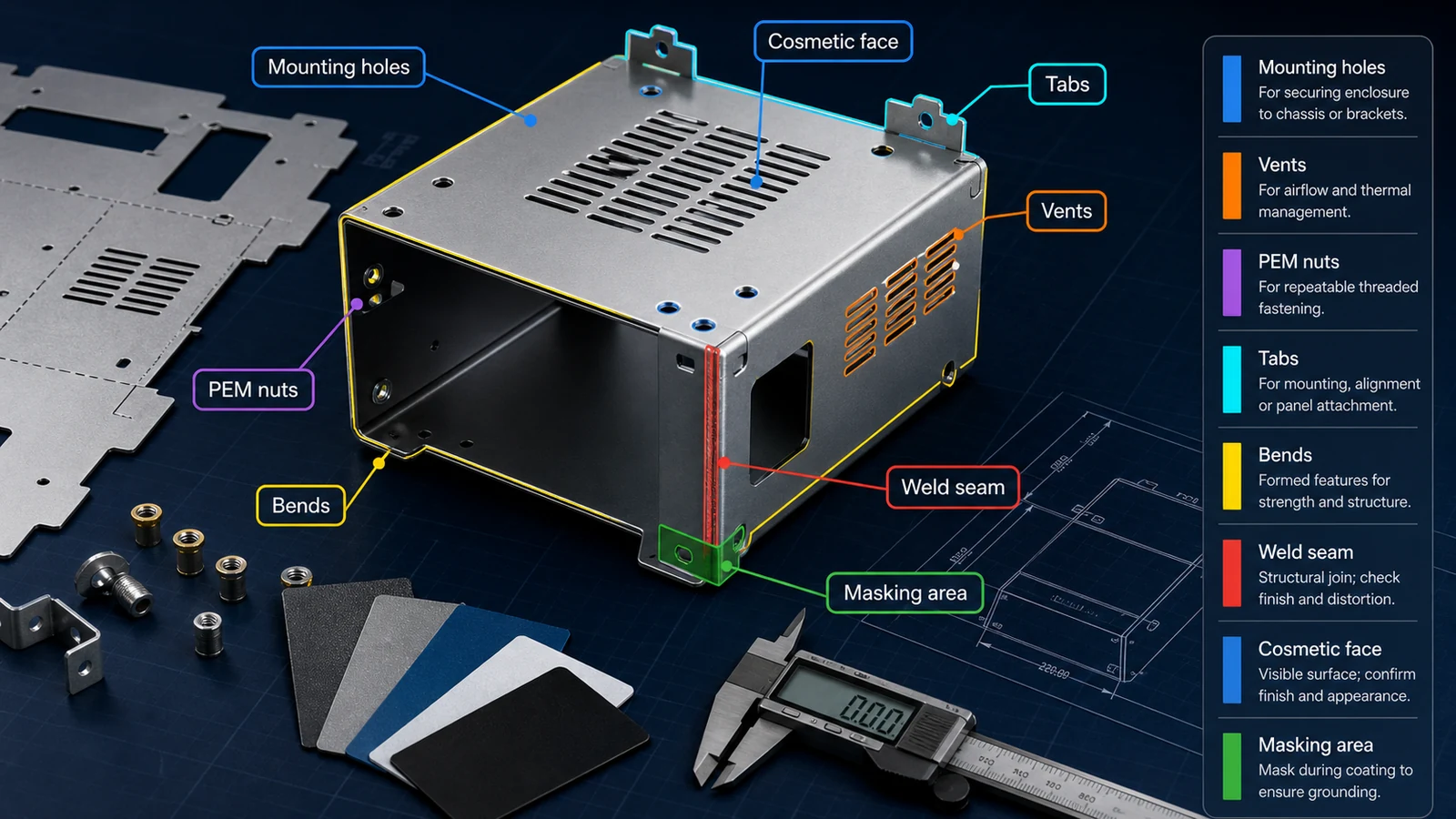 Feature map of a sheet metal enclosure with bends, vents, PEM nuts, tabs, weld seams, mounting holes and cosmetic faces