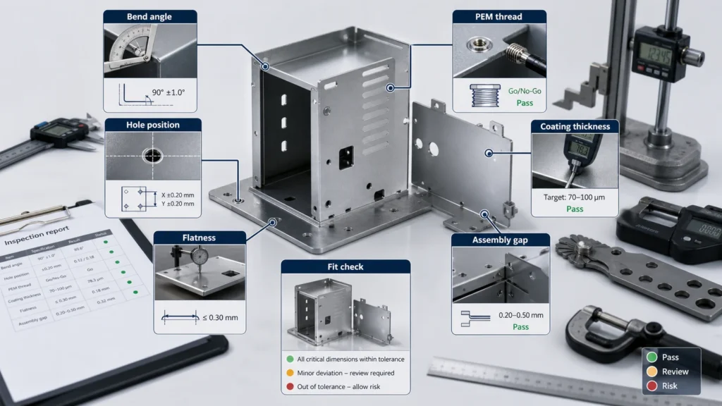 Inspection diagram for sheet metal enclosure showing bend angle, hole position, PEM thread, coating thickness, flatness and assembly gap checks