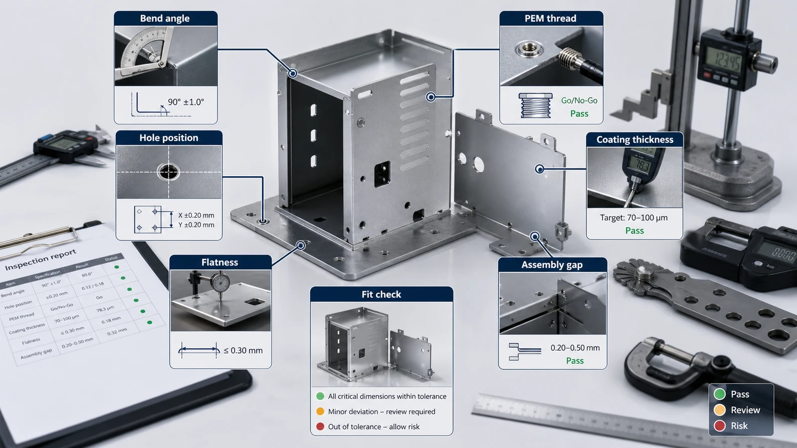 Inspection diagram for sheet metal enclosure showing bend angle, hole position, PEM thread, coating thickness, flatness and assembly gap checks