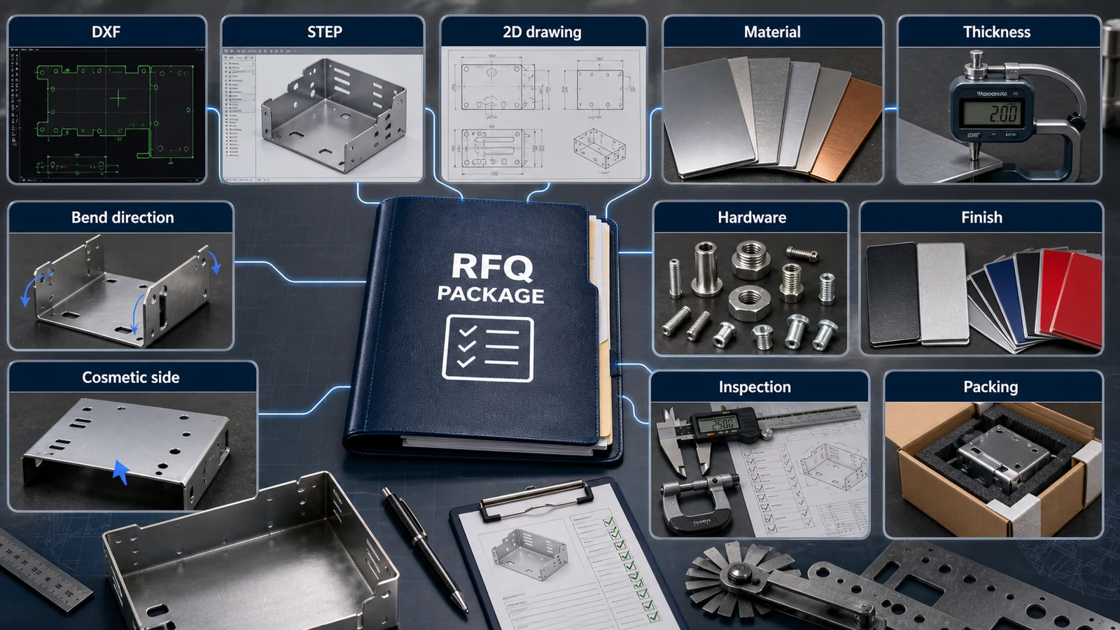 RFQ checklist infographic for sheet metal parts covering DXF, STEP, drawing, material, thickness, hardware, finish and inspection