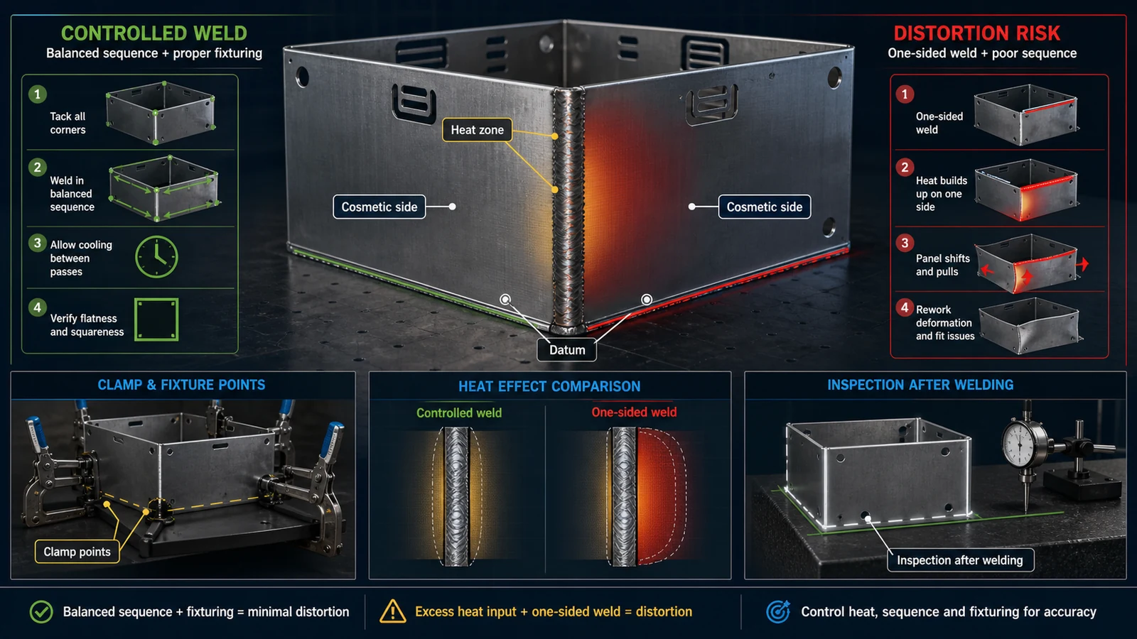 Welding distortion diagram for sheet metal enclosure showing controlled weld sequence, heat effect and inspection zones