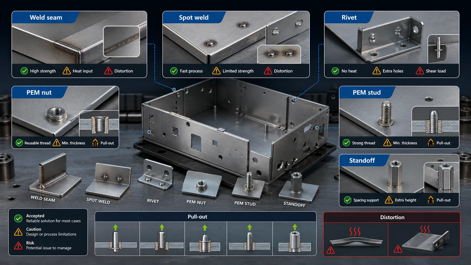 Sheet Metal Welding Rivet and PEM Hardware Diagram Sheet metal manufacturing diagram showing weld seams, spot welds, rivets, PEM nuts, PEM studs, standoffs and hardware insertion areas