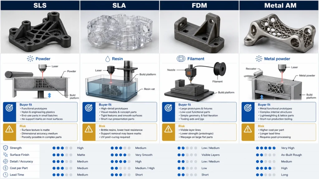 Engineering comparison diagram of SLS, SLA, FDM and metal 3D printing processes for prototype sourcing decisions