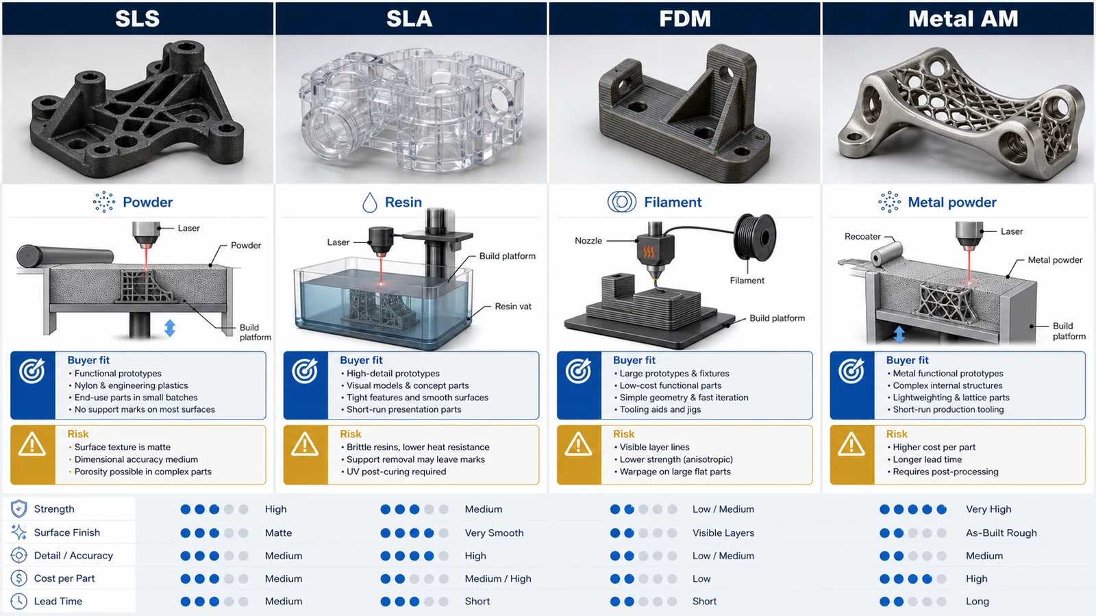 Engineering comparison diagram of SLS, SLA, FDM and metal 3D printing processes for prototype sourcing decisions