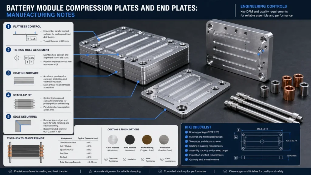 Infographic showing metal battery compression plates with labeled manufacturing steps and an arrangement of machined plates and bolts on a dark work surface.