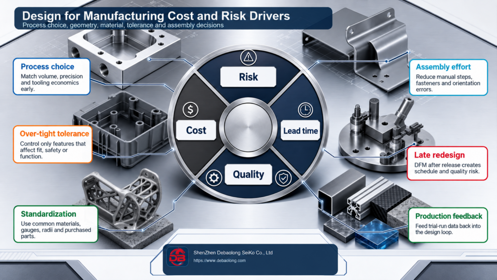 DFM cost and risk diagram linking process choice, tolerance, standardization, assembly, redesign and production feedback