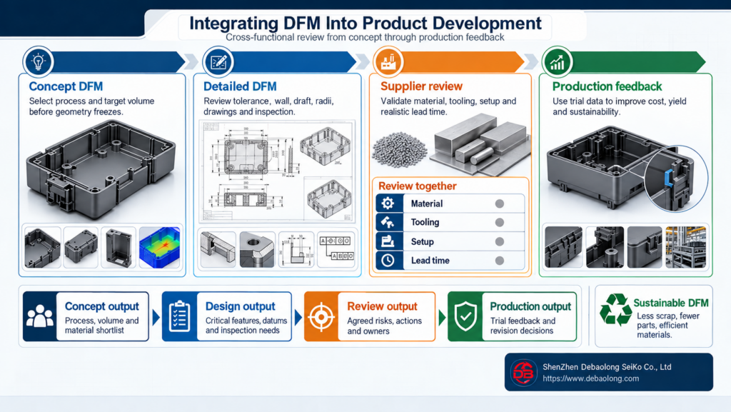 Design for manufacturing workflow infographic showing concept DFM, detailed DFM, supplier review, production feedback and sustainable manufacturing improvement.