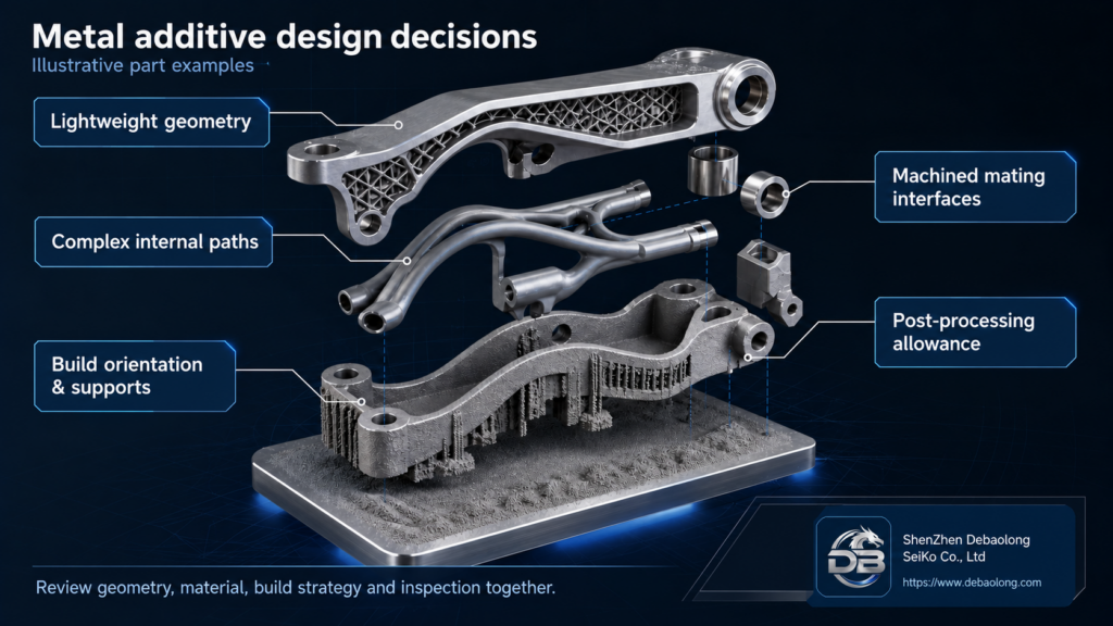 Illustration of metal additive design choices: lattice bracket, internal passages, build supports, mating interfaces and machining allowance.