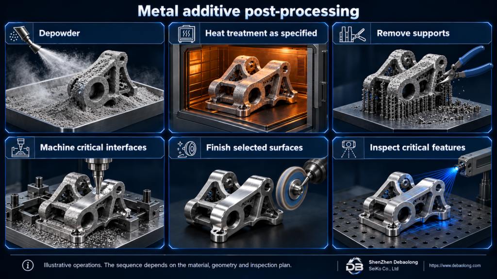 Illustrated metal additive post-processing operations: depowdering, specified heat treatment, support removal, critical-interface machining, surface finishing and inspection.
